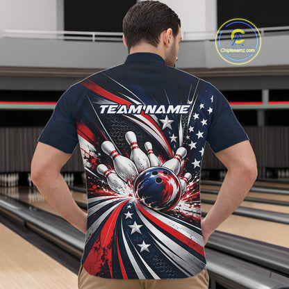 Personalized Patriotic Bowling Jerseys, US Flag Bowling League Quarter Zip Shirt For Men IPHW12385