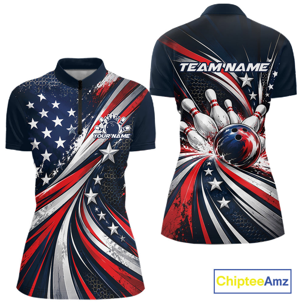 Personalized Patriotic Bowling Jerseys, US Flag Bowling League Women Quarter-Zip Shirt IPHW12385
