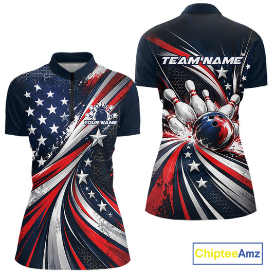 Personalized Patriotic Bowling Jerseys, US Flag Bowling League Women Quarter-Zip Shirt IPHW12385