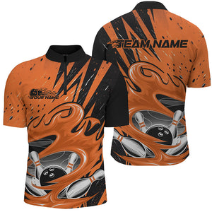 Black And Orange Custom Flame Bowling League Shirts, Bowler Quarter-Zip Shirts For Men IPHW8065