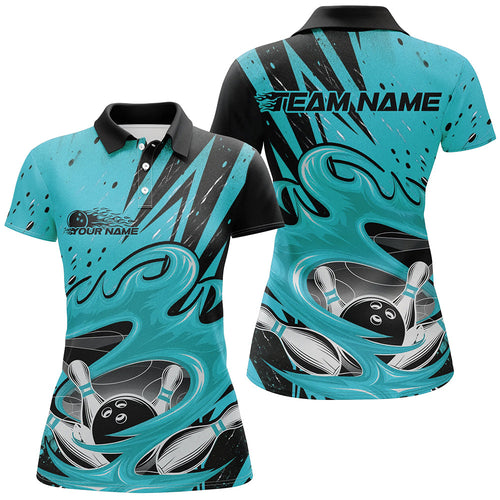 Black And Blue Custom Flame Bowling League Shirts, Bowler Polo Shirts For Women IPHW8066