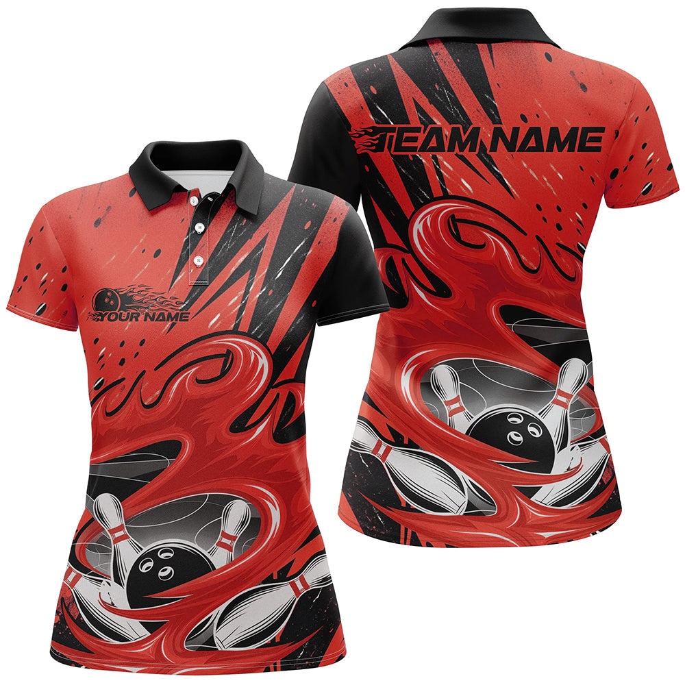 Black And Red Custom Flame Bowling League Shirts, Bowler Polo Shirts For Women IPHW8067