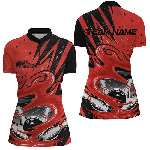 Black And Red Custom Flame Bowling League Shirts, Bowler Quarter-Zip Shirts For Women IPHW8067