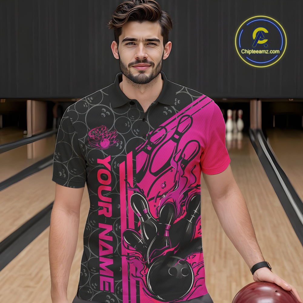 Custom Black And Pink Purple Flame Bowling Polo Shirts For Men, Bowling Pattern Shirt IPHW9272