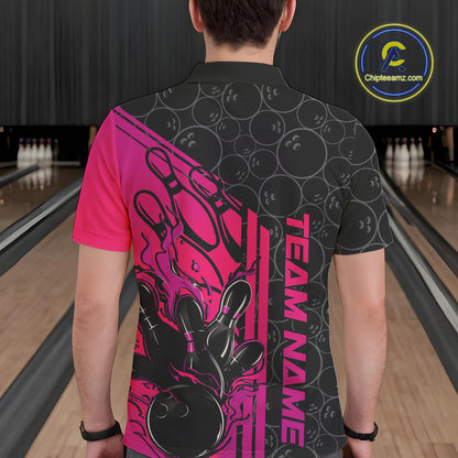 Custom Black And Pink Purple Flame Bowling Polo Shirts For Men, Bowling Pattern Shirt IPHW9272