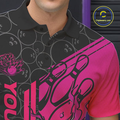 Custom Black And Pink Purple Flame Bowling Polo Shirts For Men, Bowling Pattern Shirt IPHW9272