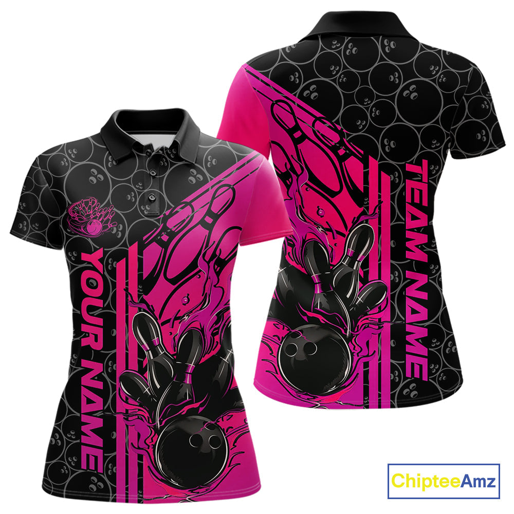 Custom Black And Pink Purple Flame Bowling Polo Shirts For Women, Bowling Pattern Shirt IPHW9272