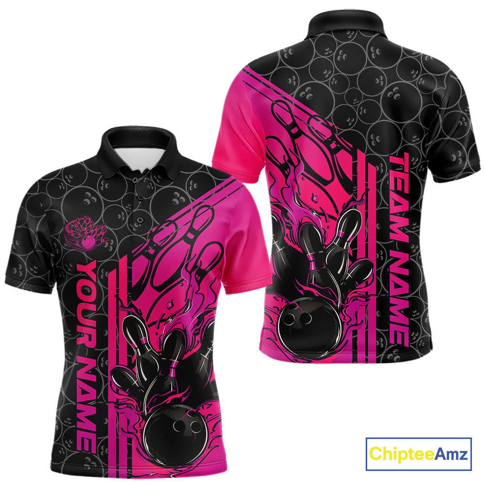 Custom Black And Pink Purple Flame Bowling Polo Shirts For Men, Bowling Pattern Shirt IPHW9272