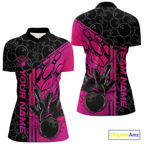 Custom Black And Pink Purple Flame Bowling Women Quarter-Zip Shirt, Bowling Pattern Shirt IPHW9272