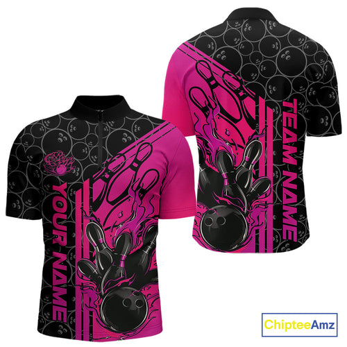 Custom Black And Pink Purple Flame Bowling Quarter-Zip Shirts For Men, Bowling Pattern Shirt IPHW9272