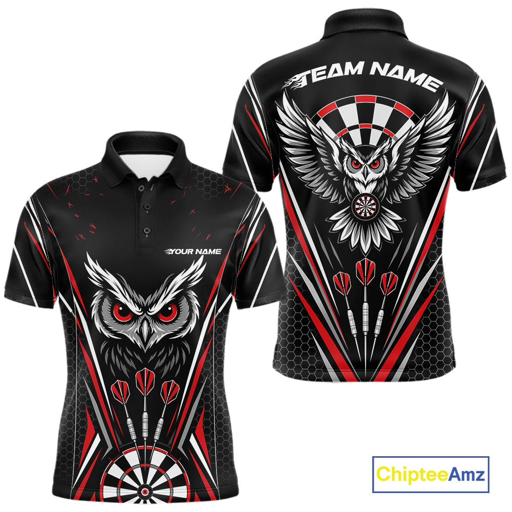 Front and back view of a black darts polo shirt with red accents, featuring fierce owls framed by dartboards, three darts, and personalized name areas.