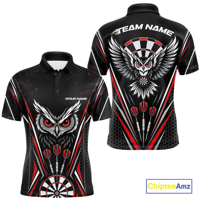 Front and back view of a black darts polo shirt with red accents, featuring fierce owls framed by dartboards, three darts, and personalized name areas.
