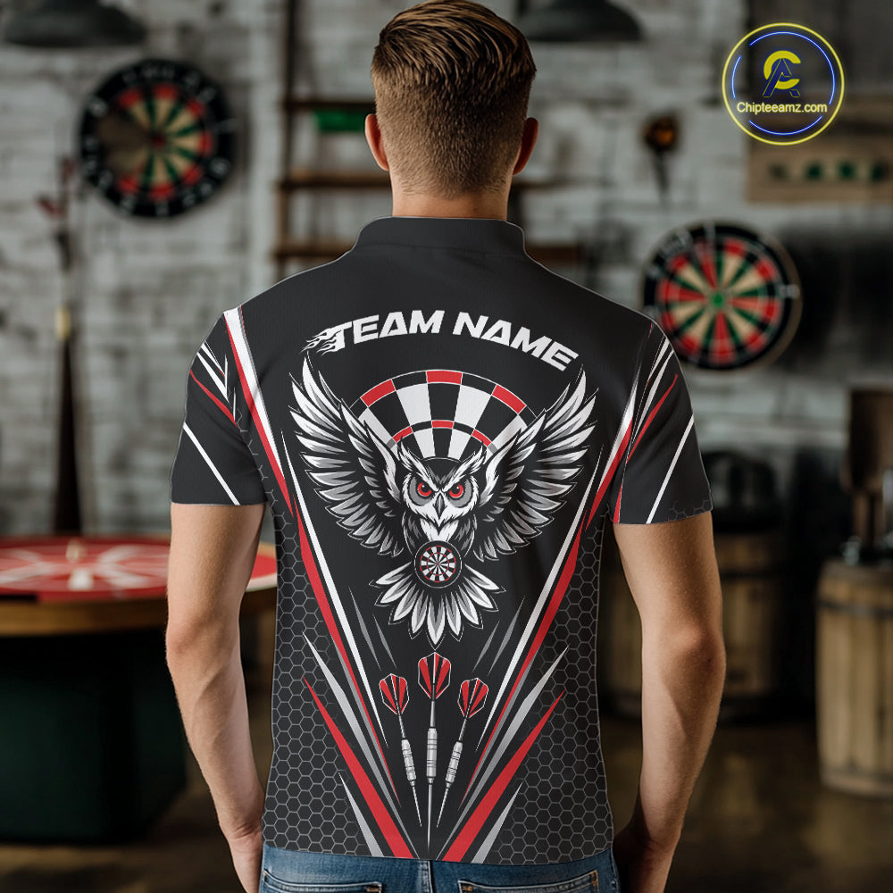 Back view of a man wearing a black darts polo shirt with red accents, featuring fierce owls framed by dartboards, three darts, and personalized name areas.