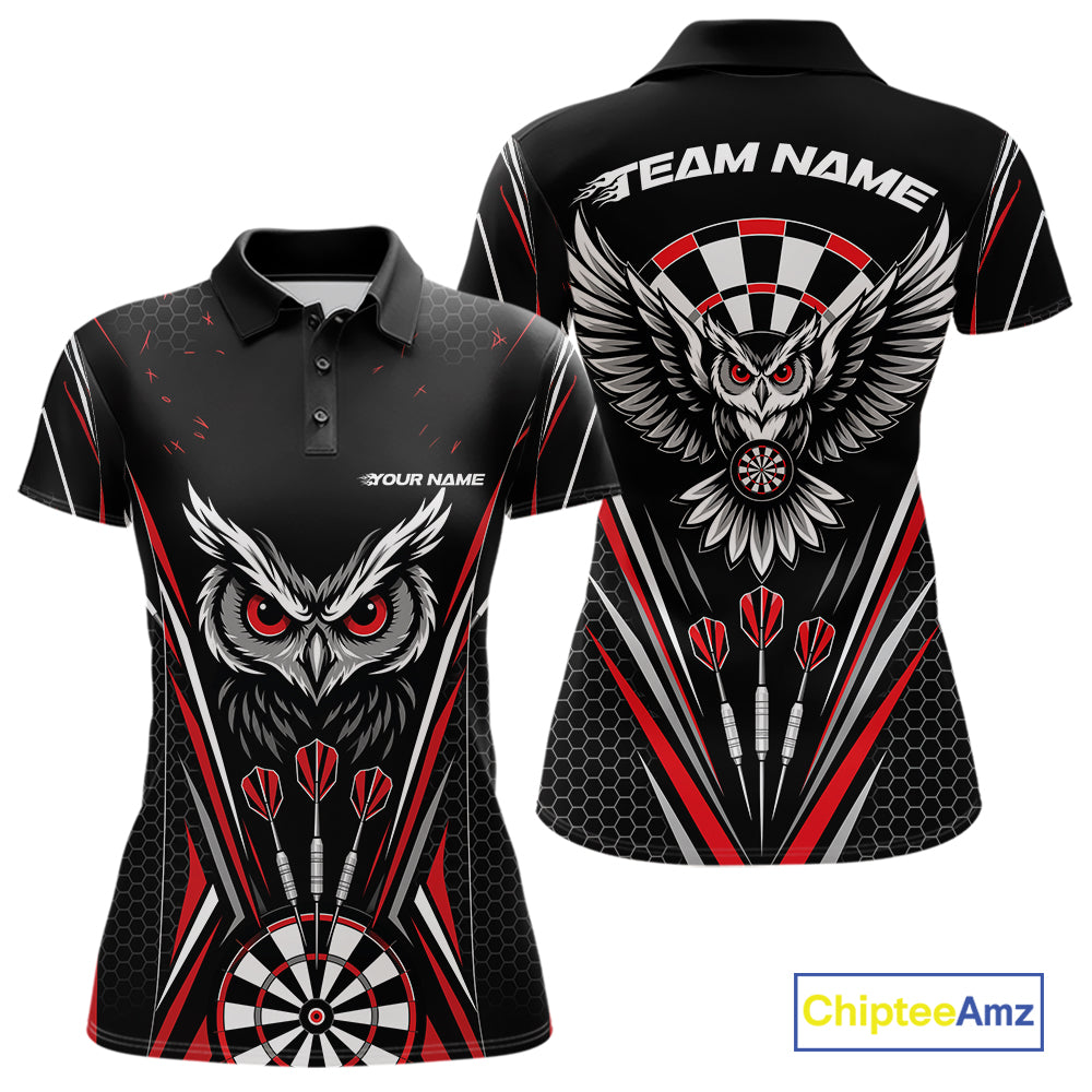 Front and back view of a black darts polo shirt with red accents, featuring fierce owls framed by dartboards, three darts, and personalized name areas.