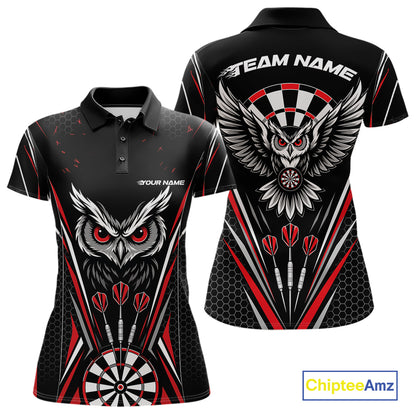 Front and back view of a black darts polo shirt with red accents, featuring fierce owls framed by dartboards, three darts, and personalized name areas.