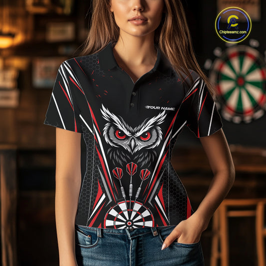 Custom Black And Red Owl Darts Polo Shirts For Women, Darts Team Jerseys IPHW11722
