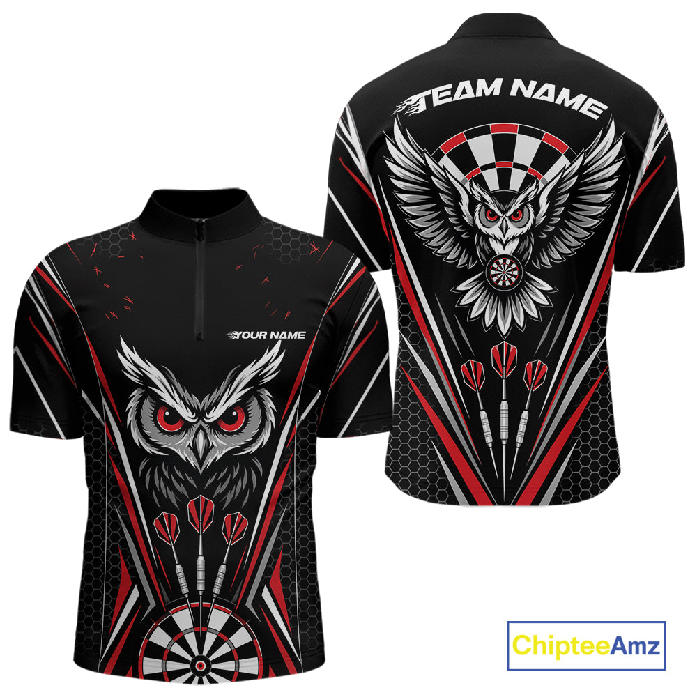 Front and back view of a black darts quarter zip shirt with red accents, featuring fierce owls framed by dartboards, three darts, and personalized name areas.