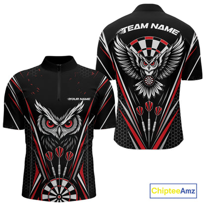 Front and back view of a black darts quarter zip shirt with red accents, featuring fierce owls framed by dartboards, three darts, and personalized name areas.