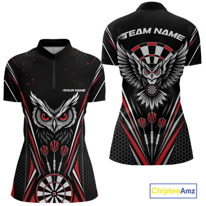 Custom Black And Red Owl Darts Quarter-Zip Shirts For Women, Darts Team Jerseys IPHW11722