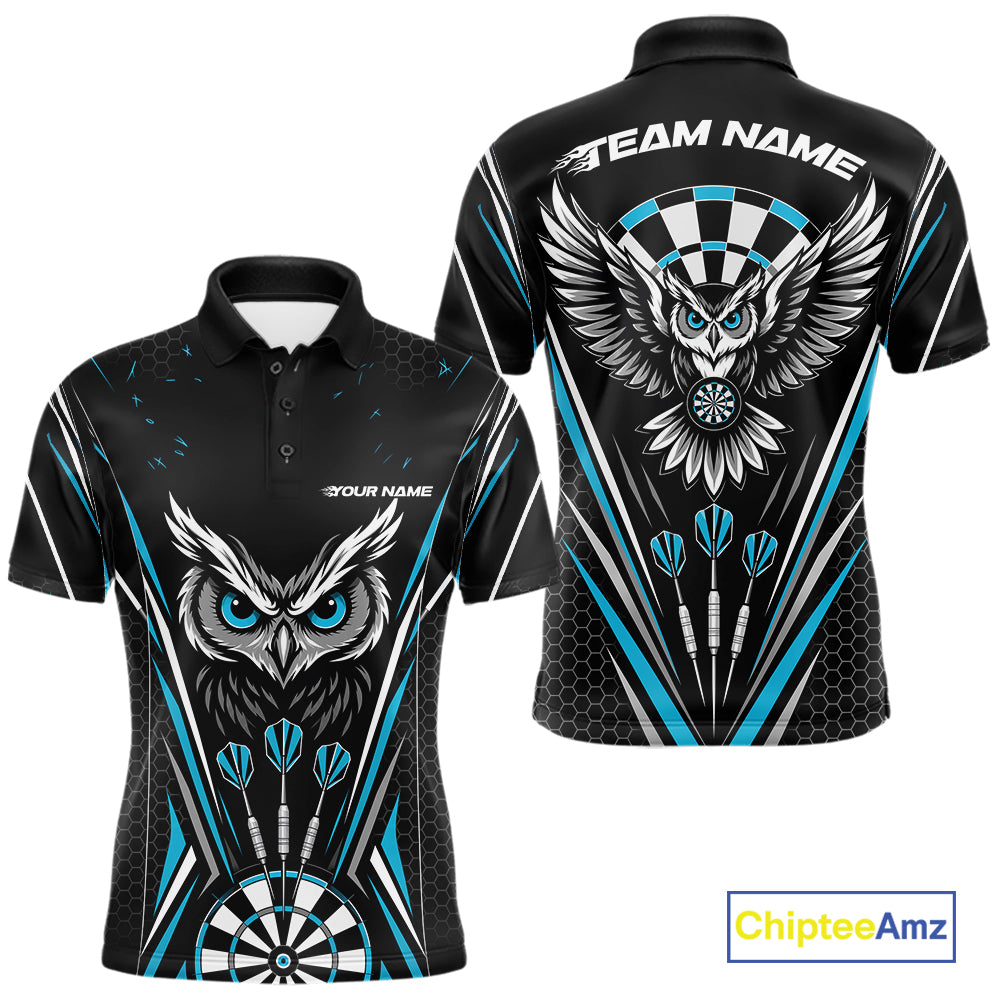 Front and back view of a black darts polo shirt with blue accents, featuring fierce owls framed by dartboards, three darts, and personalized name areas.