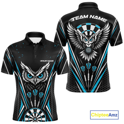 Front and back view of a black darts polo shirt with blue accents, featuring fierce owls framed by dartboards, three darts, and personalized name areas.