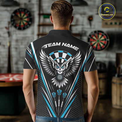 Back view of a man wearing a black darts polo shirt with blue accents, featuring fierce owls framed by dartboards, three darts, and personalized name areas.