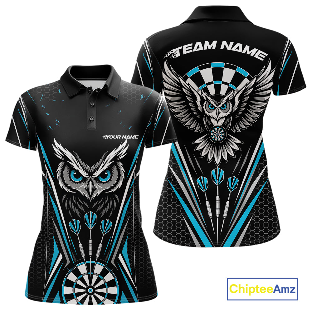 Front and back view of a black darts polo shirt with blue accents, featuring fierce owls framed by dartboards, three darts, and personalized name areas.