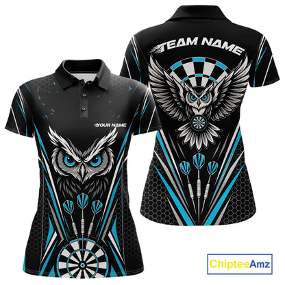 Front and back view of a black darts polo shirt with blue accents, featuring fierce owls framed by dartboards, three darts, and personalized name areas.