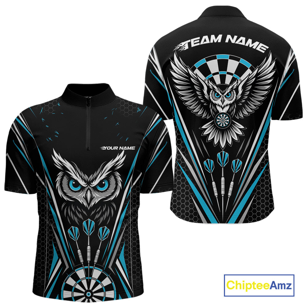 Front and back view of a black darts quarter zip shirt with blue accents, featuring fierce owls framed by dartboards, three darts, and personalized name areas.