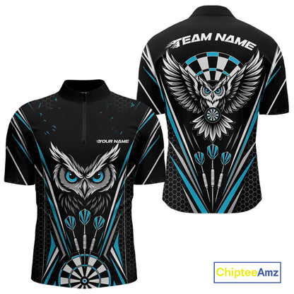Front and back view of a black darts quarter zip shirt with blue accents, featuring fierce owls framed by dartboards, three darts, and personalized name areas.
