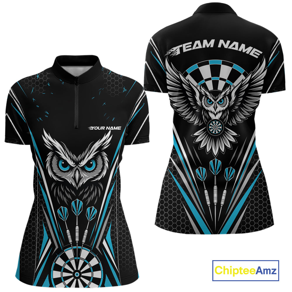 Front and back view of a black darts quarter zip shirt with blue accents, featuring fierce owls framed by dartboards, three darts, and personalized name areas.