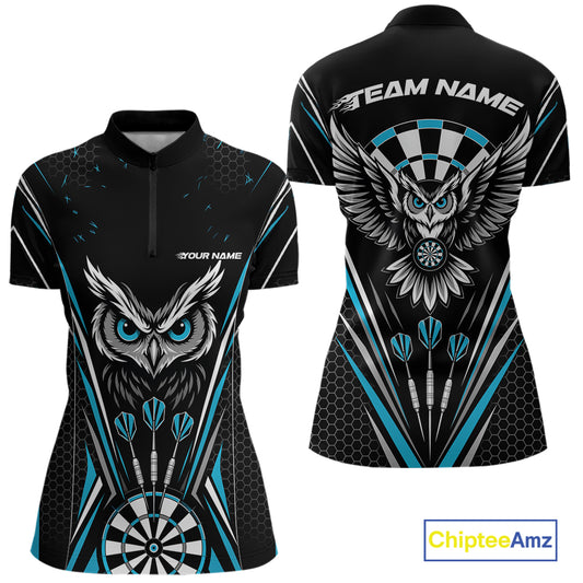 Custom Black And Blue Owl Darts Quarter-Zip Shirts For Women, Darts Team Jerseys IPHW11723