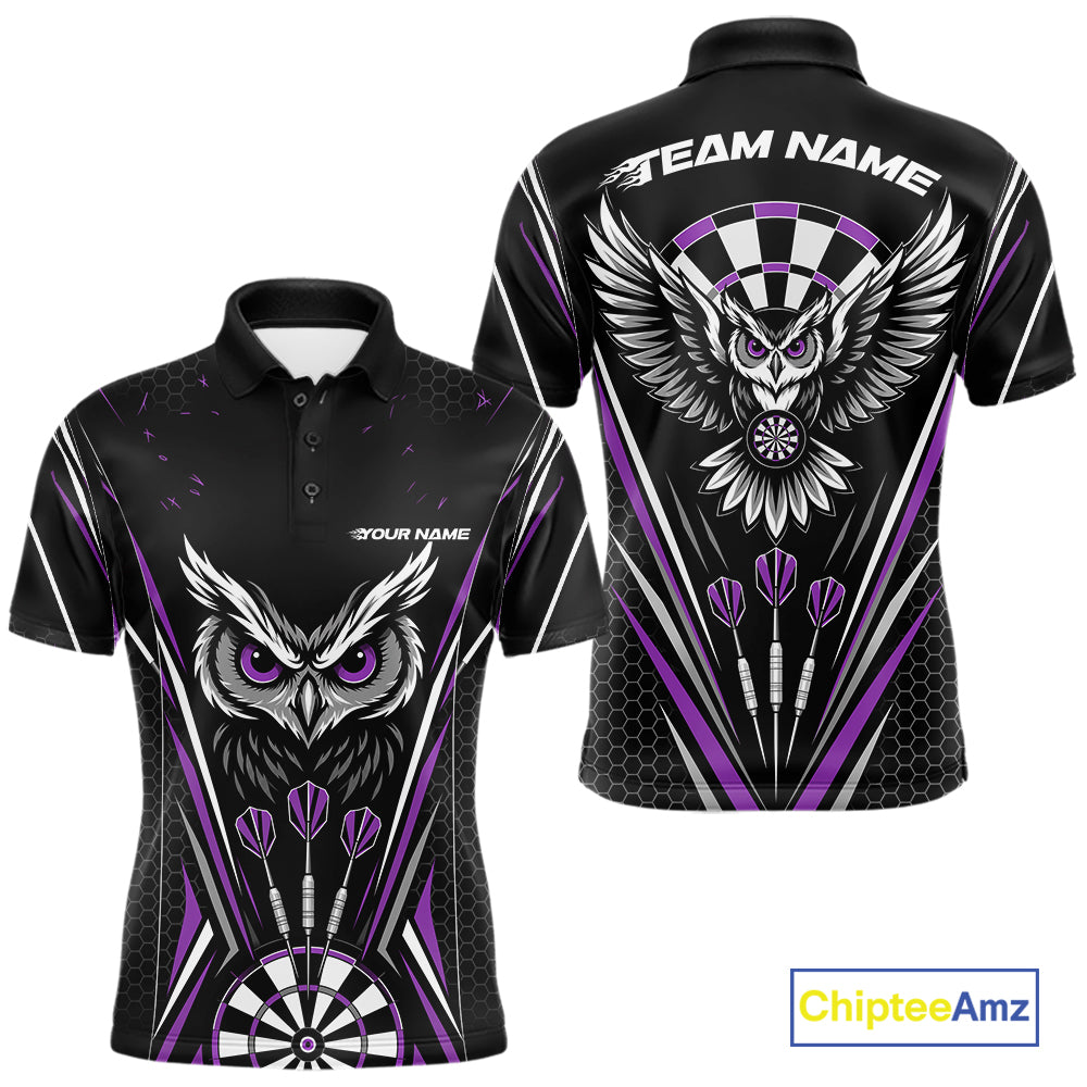 Front and back view of a black darts polo shirt with purple accents, featuring fierce owls framed by dartboards, three darts, and personalized name areas.