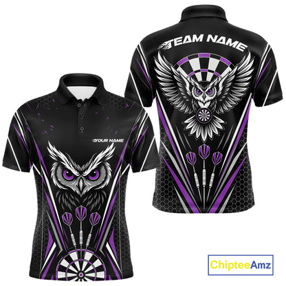 Front and back view of a black darts polo shirt with purple accents, featuring fierce owls framed by dartboards, three darts, and personalized name areas.
