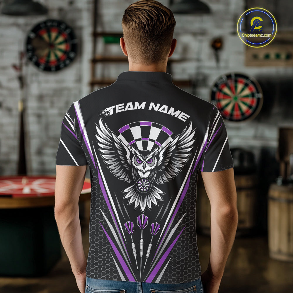 Back view of a man wearing a black darts polo shirt with purple accents, featuring fierce owls framed by dartboards, three darts, and personalized name areas.
