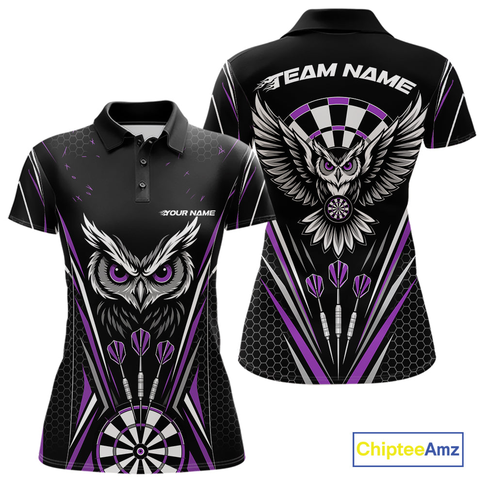 Front and back view of a black darts polo shirt with purple accents, featuring fierce owls framed by dartboards, three darts, and personalized name areas.