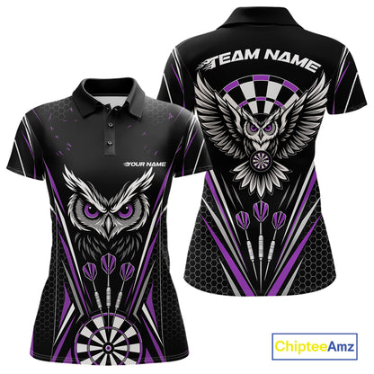 Front and back view of a black darts polo shirt with purple accents, featuring fierce owls framed by dartboards, three darts, and personalized name areas.
