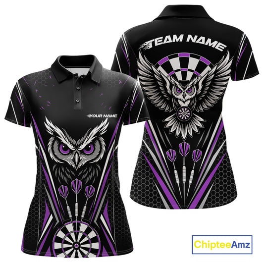 Custom Black And Purple Owl Darts Polo Shirts For Women, Darts Team Jerseys IPHW11724