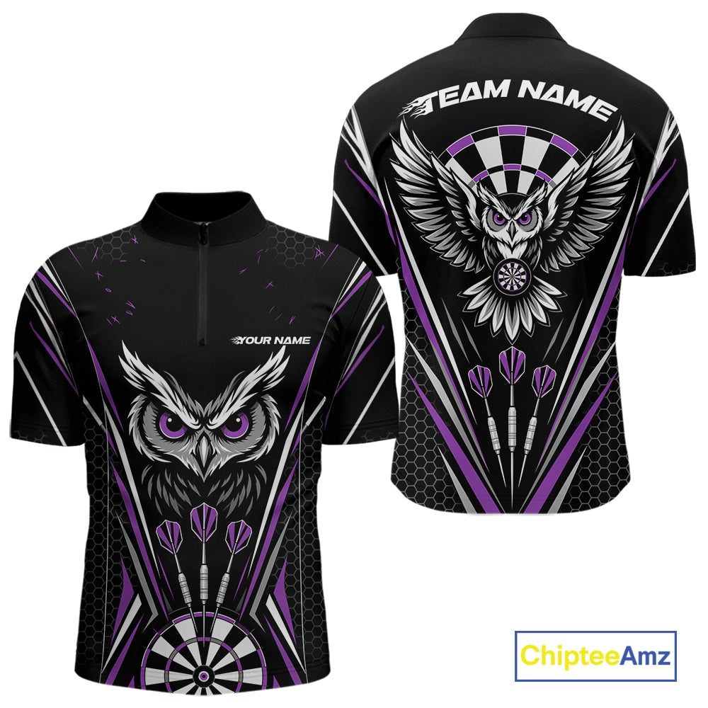 Front and back view of a black darts quarter zip shirt with purple accents, featuring fierce owls framed by dartboards, three darts, and personalized name areas.