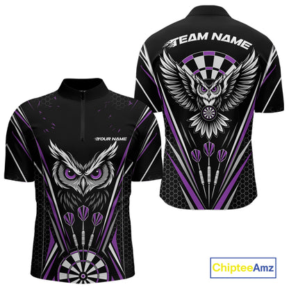 Front and back view of a black darts quarter zip shirt with purple accents, featuring fierce owls framed by dartboards, three darts, and personalized name areas.