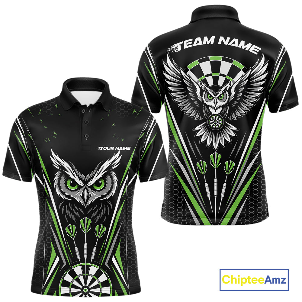 Front and back view of a black darts polo shirt with green accents, featuring fierce owls framed by dartboards, three darts, and personalized name areas.