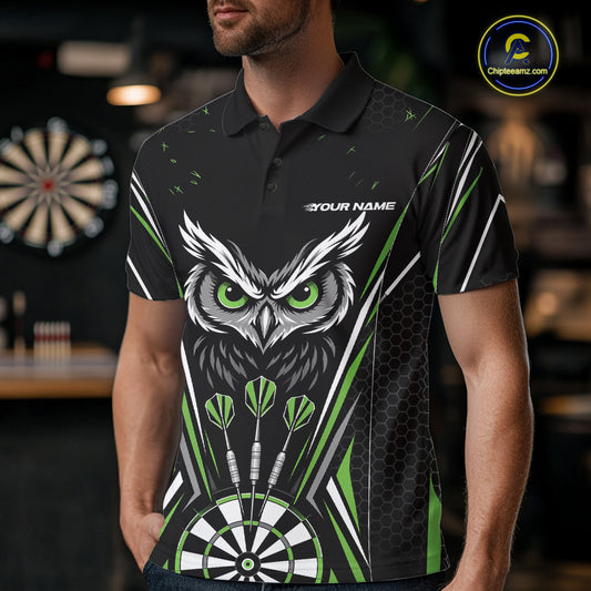 Custom Black And Green Owl Darts Polo Shirts For Men, Darts Team Jerseys IPHW11725