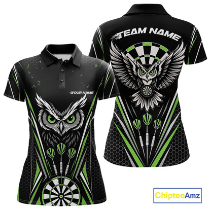Front and back view of a black darts polo shirt with green accents, featuring fierce owls framed by dartboards, three darts, and personalized name areas.