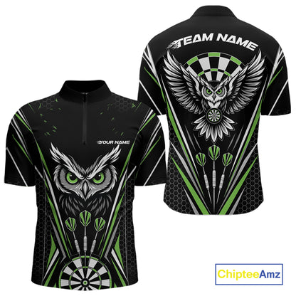 Front and back view of a black darts quarter zip shirt with green accents, featuring fierce owls framed by dartboards, three darts, and personalized name areas.