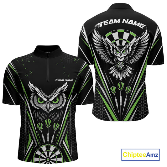 Custom Black And Green Owl Darts Quarter Zip Shirts For Men, Darts Team Jerseys IPHW11725