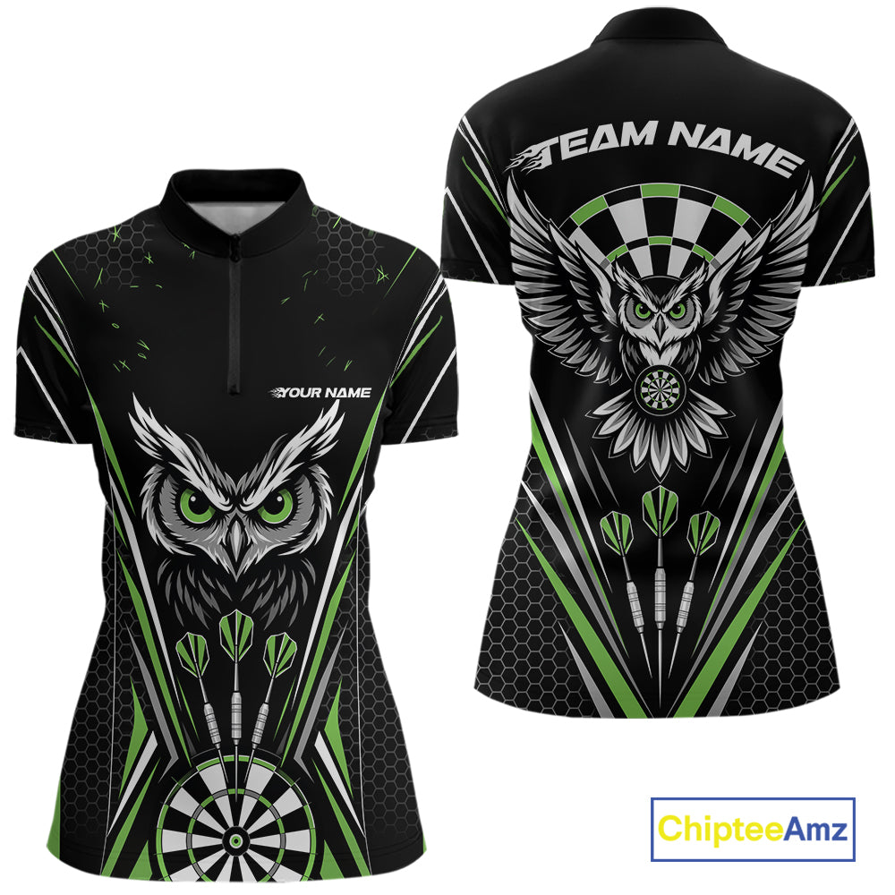 Custom Black And Green Owl Darts Quarter-Zip Shirts For Women, Darts Team Jerseys IPHW11725