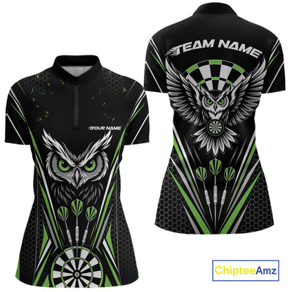 Custom Black And Green Owl Darts Quarter-Zip Shirts For Women, Darts Team Jerseys IPHW11725
