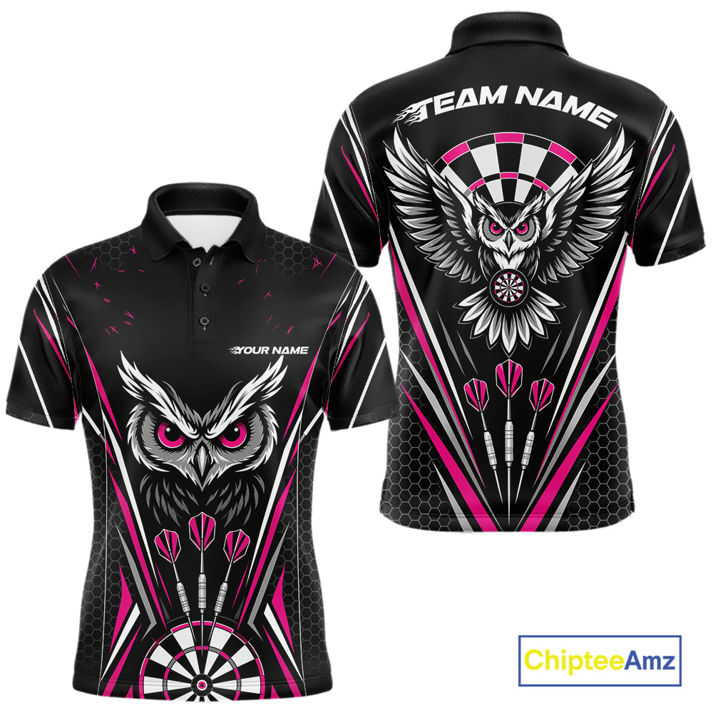 Front and back view of a black darts polo shirt with pink accents, featuring fierce owls framed by dartboards, three darts, and personalized name areas.
