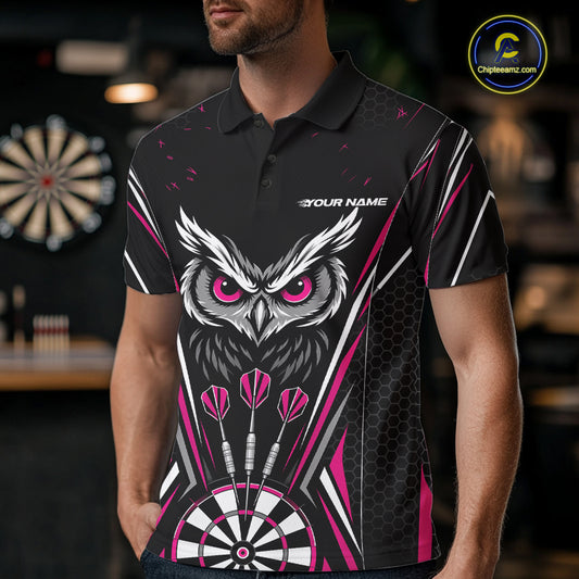 Custom Black And Pink Owl Darts Polo Shirts For Men, Darts Team Jerseys IPHW11726