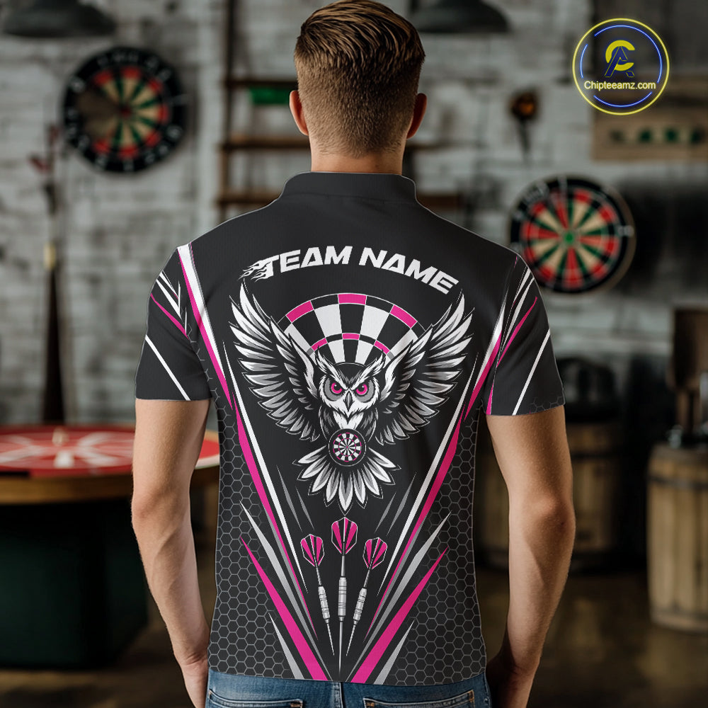 Back view of a man wearing a black darts polo shirt with pink accents, featuring fierce owls framed by dartboards, three darts, and personalized name areas.